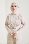  Yaka Piliseli Tesettür Elbise Taş 1625