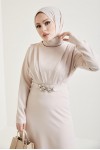  Yaka Piliseli Tesettür Elbise Taş 1625