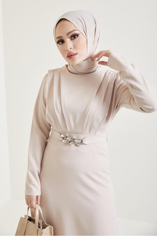  Yaka Piliseli Tesettür Elbise Taş 1625