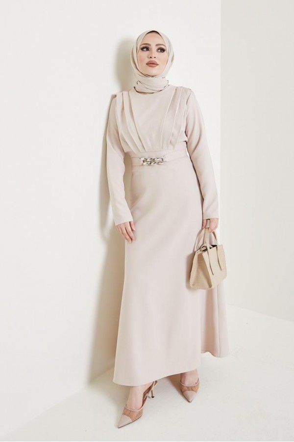  Yaka Piliseli Tesettür Elbise Taş 1625