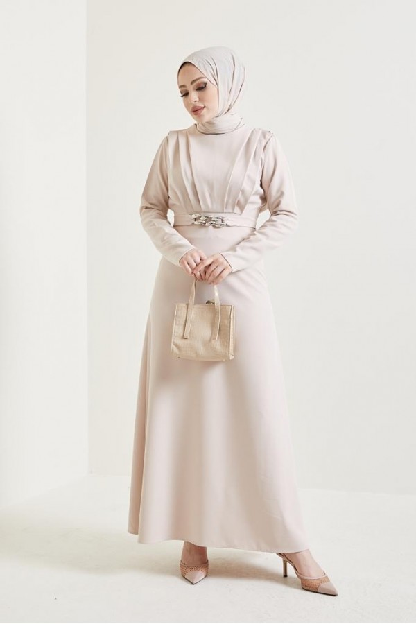  Yaka Piliseli Tesettür Elbise Taş 1625