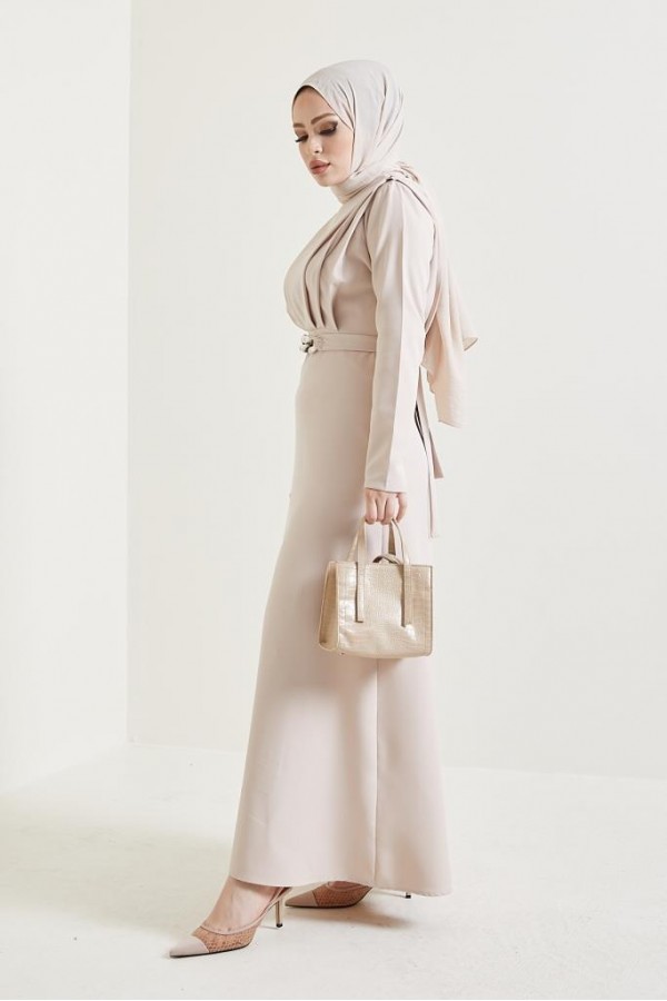  Yaka Piliseli Tesettür Elbise Taş 1625