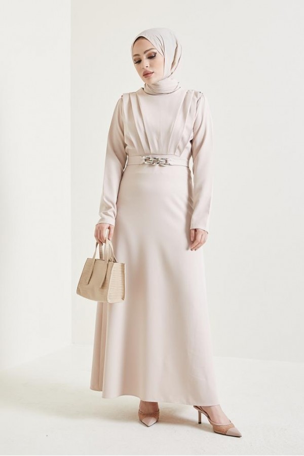  Yaka Piliseli Tesettür Elbise Taş 1625