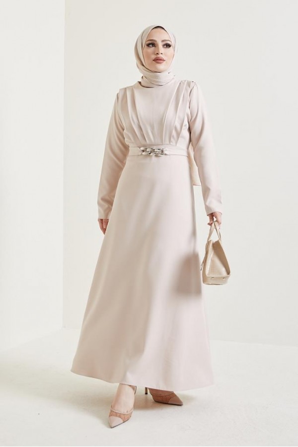  Yaka Piliseli Tesettür Elbise Taş 1625