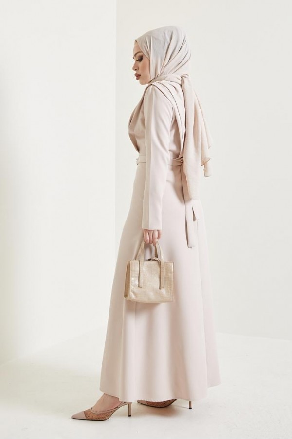  Yaka Piliseli Tesettür Elbise Taş 1625