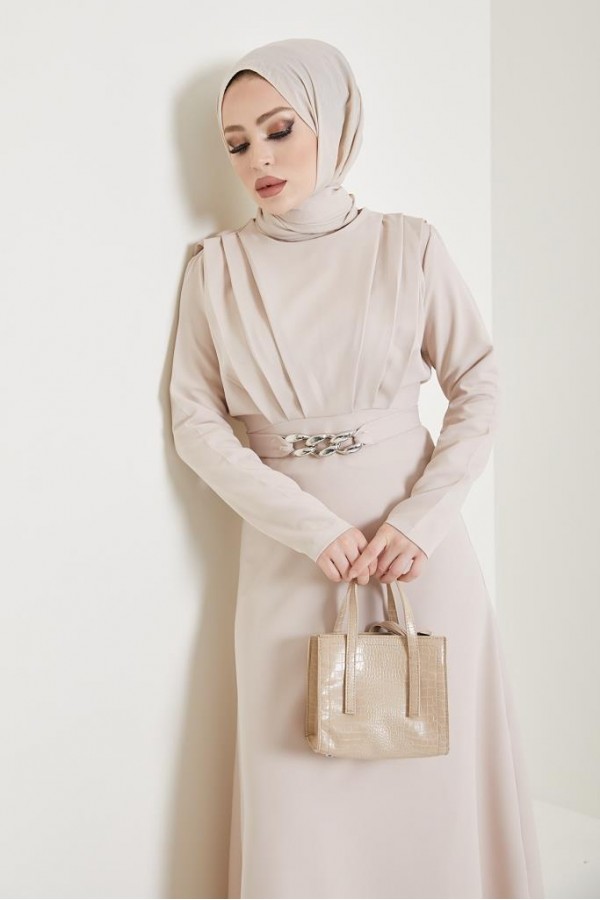  Yaka Piliseli Tesettür Elbise Taş 1625