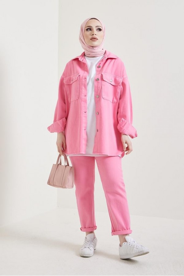 Ceket Pantolon Tesettür İkili Kot Takım Pembe 8175 Ceket Pantolon Tesettür İkili Kot Takım Pembe 8175