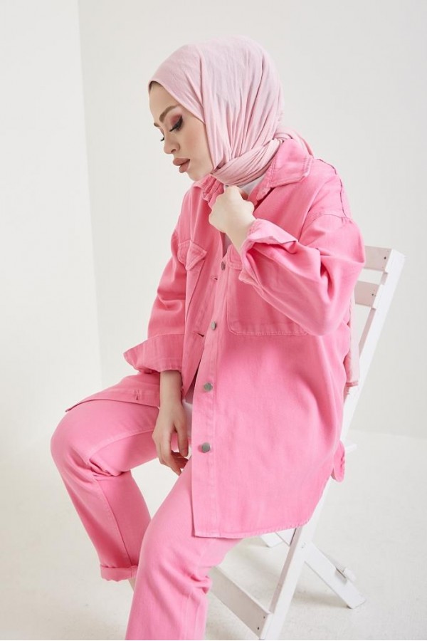Ceket Pantolon Tesettür İkili Kot Takım Pembe 8175 Ceket Pantolon Tesettür İkili Kot Takım Pembe 8175