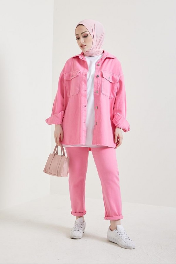 Ceket Pantolon Tesettür İkili Kot Takım Pembe 8175 Ceket Pantolon Tesettür İkili Kot Takım Pembe 8175