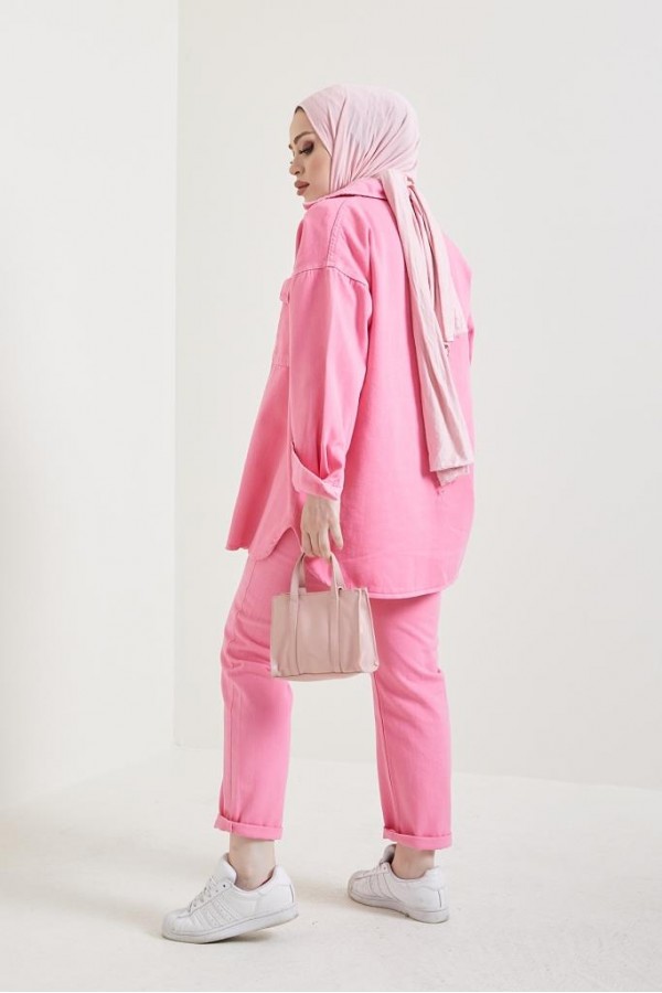 Ceket Pantolon Tesettür İkili Kot Takım Pembe 8175 Ceket Pantolon Tesettür İkili Kot Takım Pembe 8175