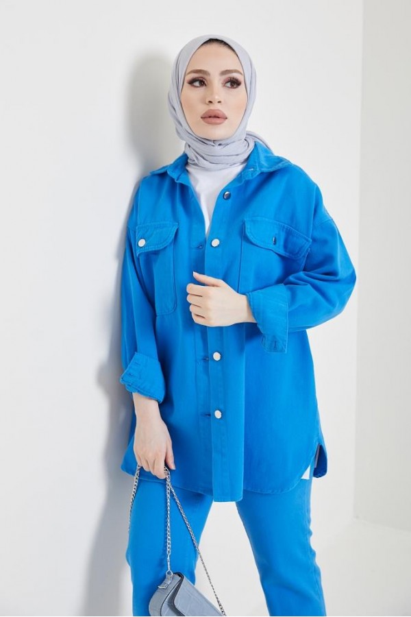 Ceket Pantolon Tesettür İkili Kot Takım Saks 8175 Ceket Pantolon Tesettür İkili Kot Takım Saks 8175