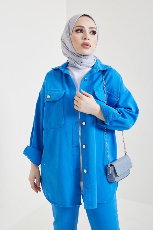 Ceket Pantolon Tesettür İkili Kot Takım Saks 8175 Ceket Pantolon Tesettür İkili Kot Takım Saks 8175