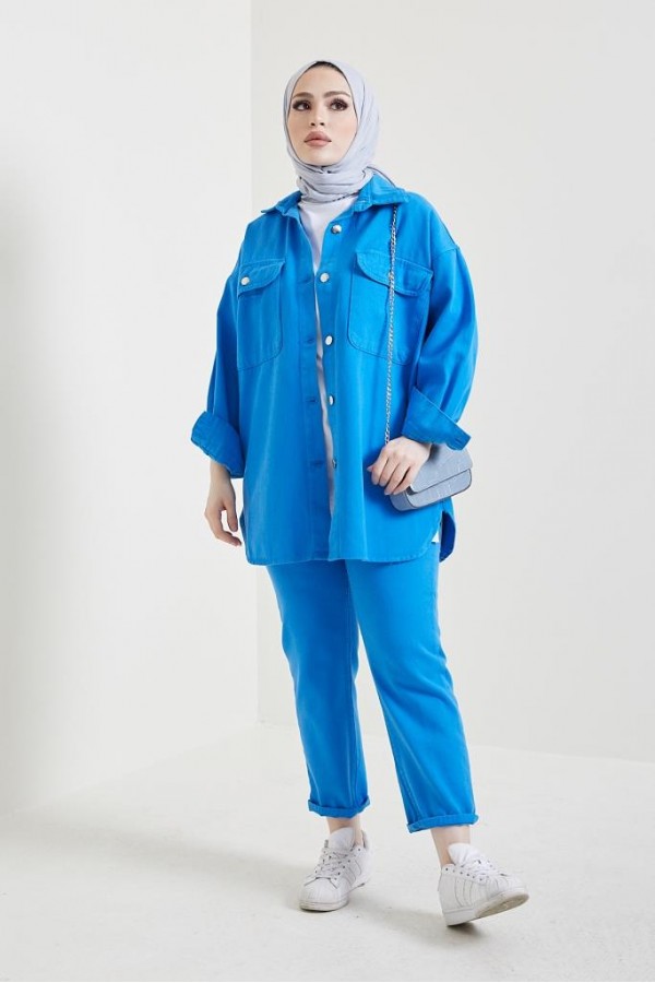 Ceket Pantolon Tesettür İkili Kot Takım Saks 8175 Ceket Pantolon Tesettür İkili Kot Takım Saks 8175