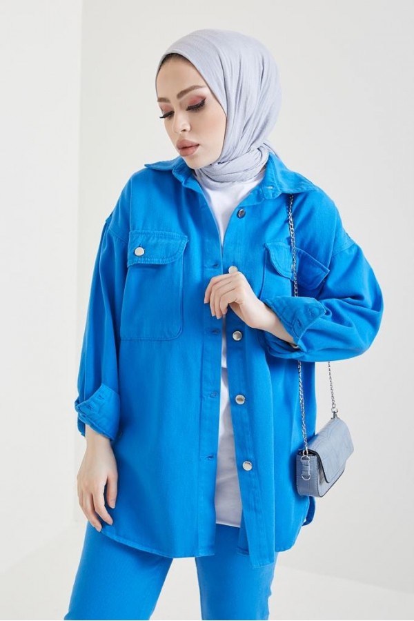 Ceket Pantolon Tesettür İkili Kot Takım Saks 8175 Ceket Pantolon Tesettür İkili Kot Takım Saks 8175