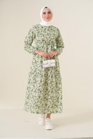 Green Almond - Floral - Crew neck - Unlined - Modest Dress