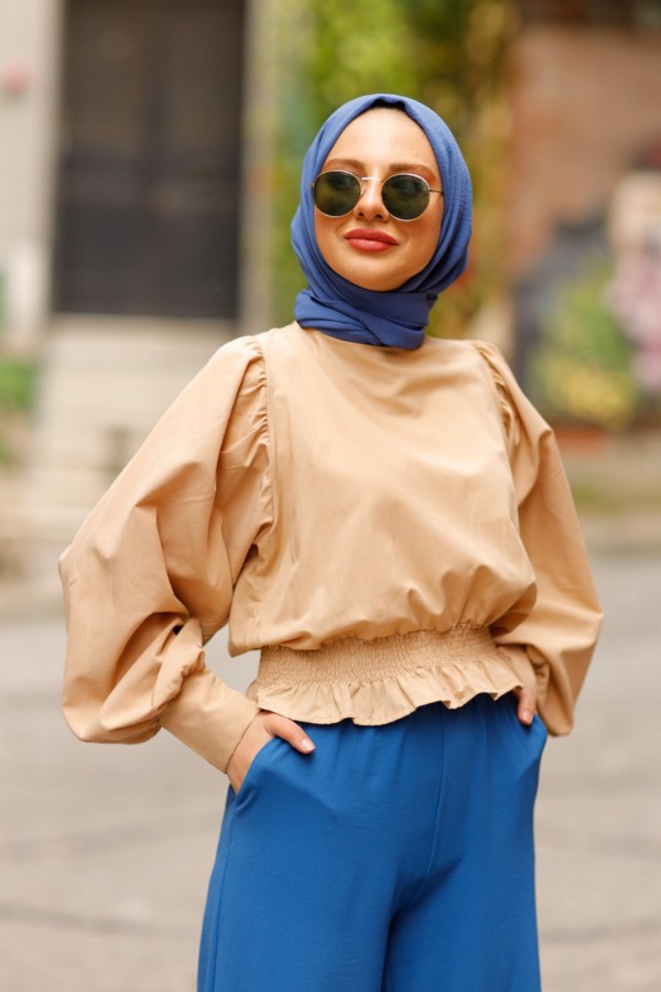  Balon Kol Gömlek Bej 4534