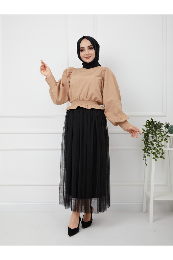  Balon Kol Gömlek Bej 4534