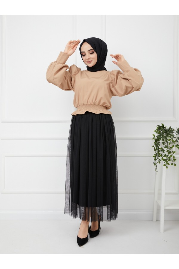  Balon Kol Gömlek Bej 4534