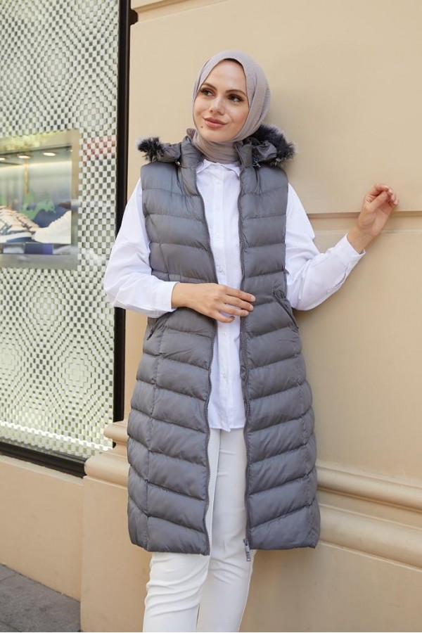 Kapüşonlu Tesettür Şişme Yelek Antrasit 1702 Kapüşonlu Tesettür Şişme Yelek Antrasit 1702