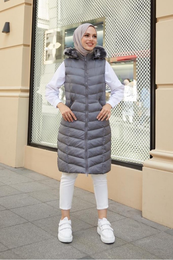 Kapüşonlu Tesettür Şişme Yelek Antrasit 1702 Kapüşonlu Tesettür Şişme Yelek Antrasit 1702