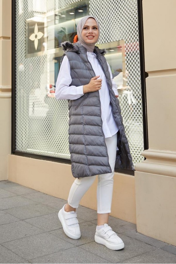 Kapüşonlu Tesettür Şişme Yelek Antrasit 1702 Kapüşonlu Tesettür Şişme Yelek Antrasit 1702