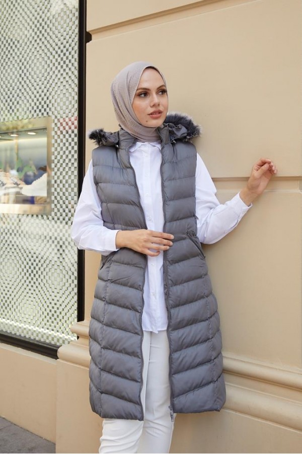 Kapüşonlu Tesettür Şişme Yelek Antrasit 1702 Kapüşonlu Tesettür Şişme Yelek Antrasit 1702