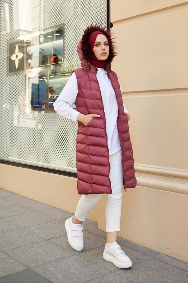  Kapüşonlu Tesettür  Şişme Yelek Bordo 1702