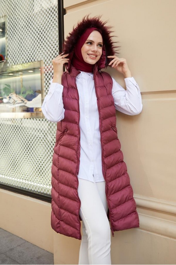  Kapüşonlu Tesettür  Şişme Yelek Bordo 1702