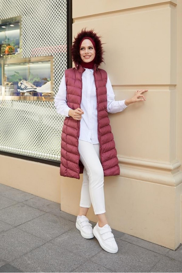  Kapüşonlu Tesettür  Şişme Yelek Bordo 1702