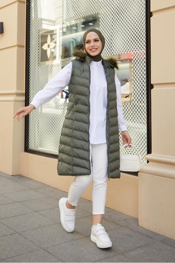 Kapüşonlu Tesettür Şişme Yelek Haki 1702 Kapüşonlu Tesettür Şişme Yelek Haki 1702