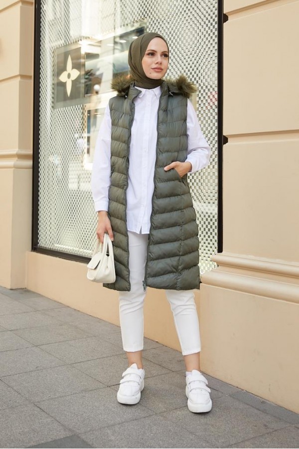 Kapüşonlu Tesettür Şişme Yelek Haki 1702 Kapüşonlu Tesettür Şişme Yelek Haki 1702