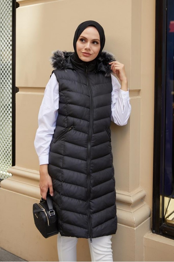 Kapüşonlu Tesettür Şişme Yelek Siyah 1702 Kapüşonlu Tesettür Şişme Yelek Siyah 1702