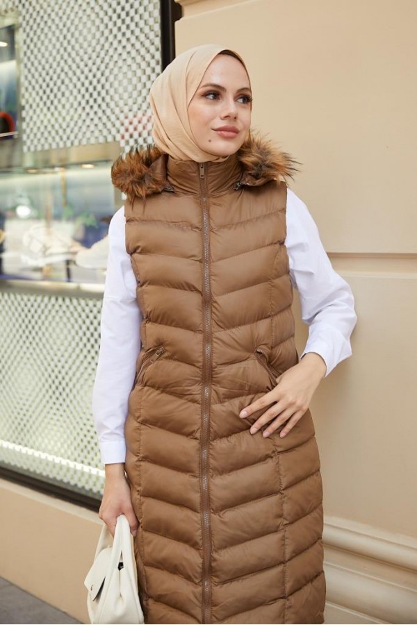  Kapüşonlu Tesettür  Şişme Yelek Taba 1702