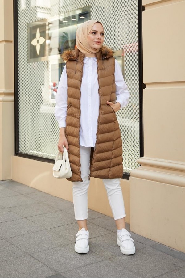  Kapüşonlu Tesettür  Şişme Yelek Taba 1702