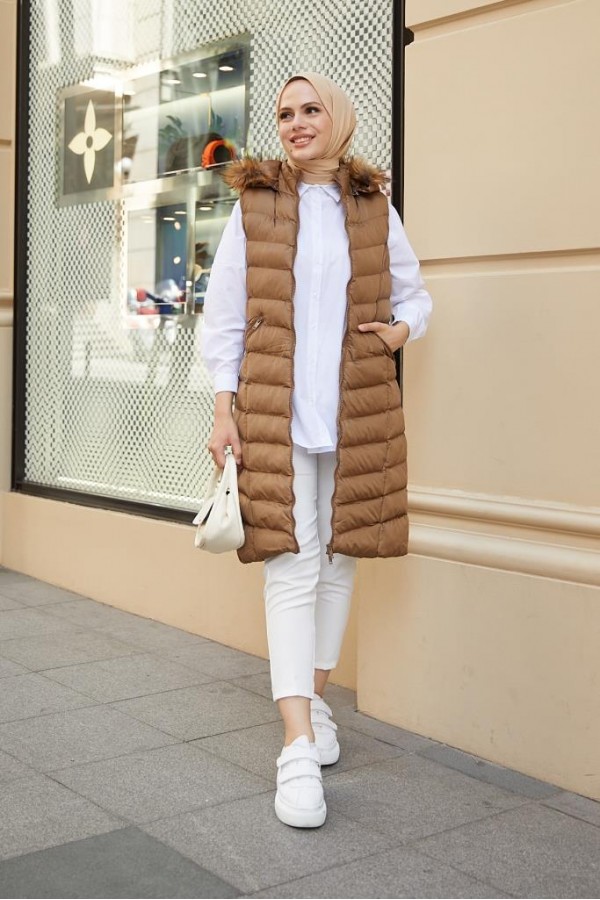  Kapüşonlu Tesettür  Şişme Yelek Taba 1702