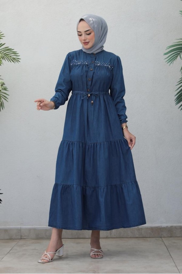  Kot İnci̇li̇ Tesettür Elbi̇se Lacivert 6730