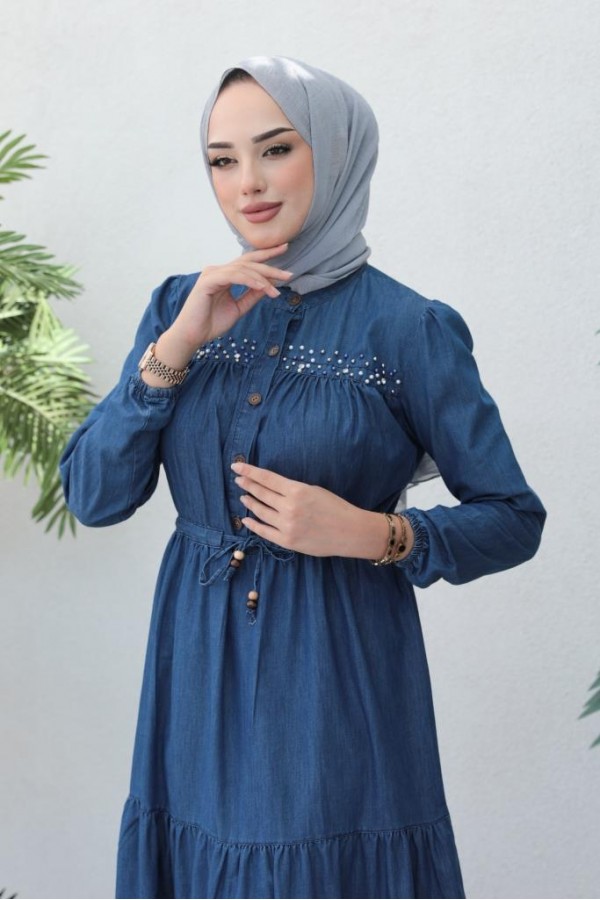  Kot İnci̇li̇ Tesettür Elbi̇se Lacivert 6730