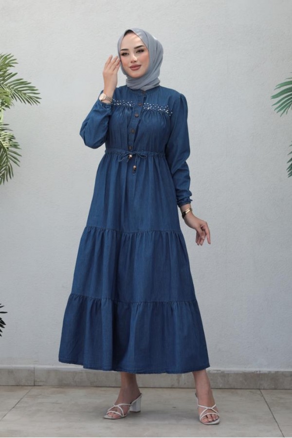  Kot İnci̇li̇ Tesettür Elbi̇se Lacivert 6730