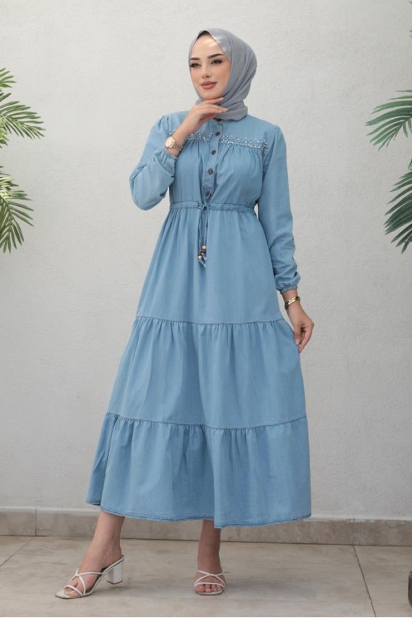  Kot İnci̇li̇ Tesettür Elbi̇se Mavi 6730