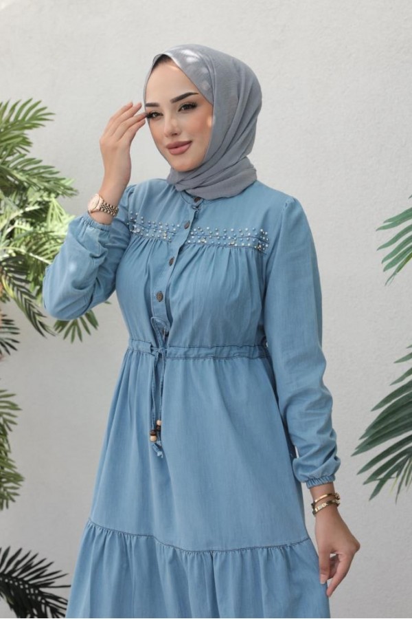  Kot İnci̇li̇ Tesettür Elbi̇se Mavi 6730