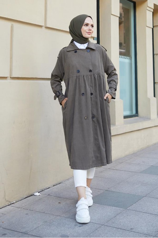  Salaş Kesim Tesettür Trenç Haki 61194