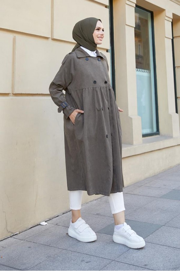  Salaş Kesim Tesettür Trenç Haki 61194