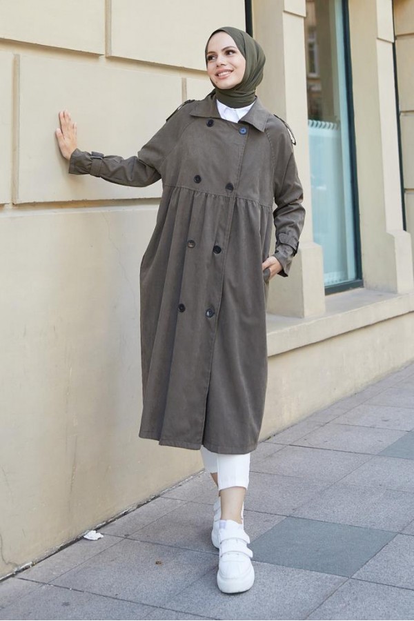  Salaş Kesim Tesettür Trenç Haki 61194