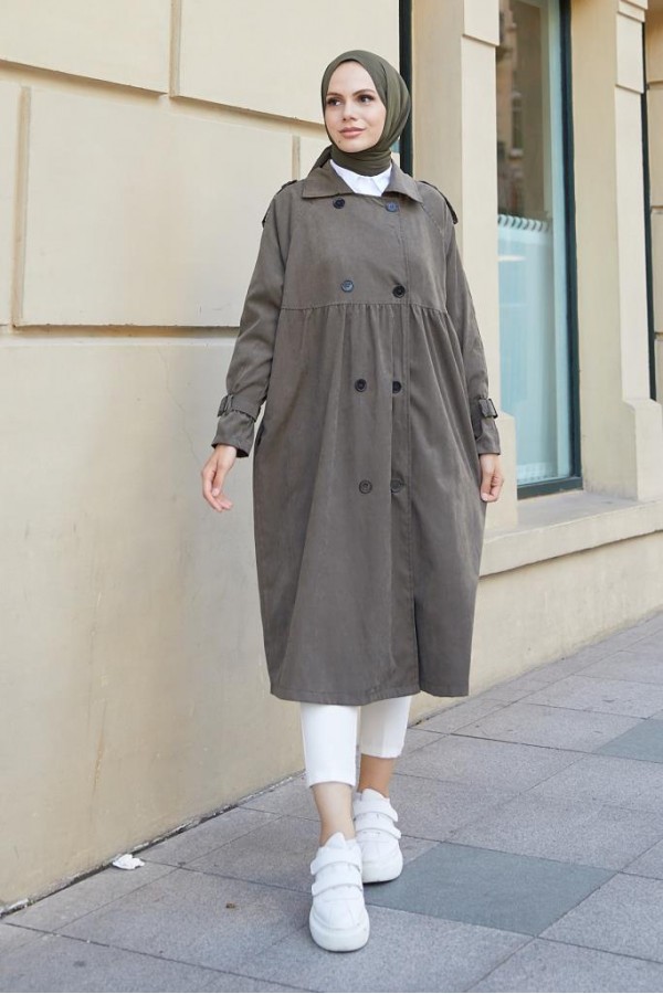  Salaş Kesim Tesettür Trenç Haki 61194