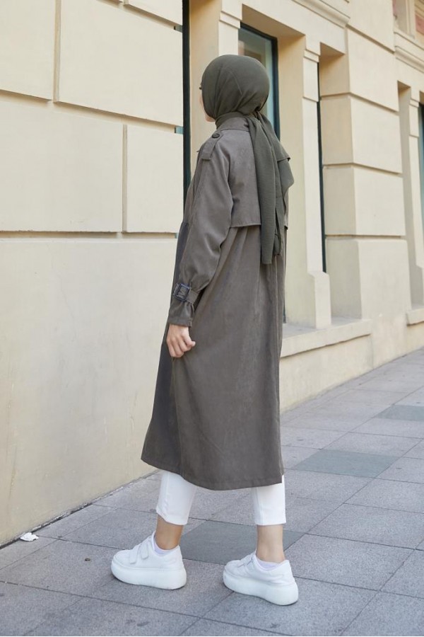  Salaş Kesim Tesettür Trenç Haki 61194