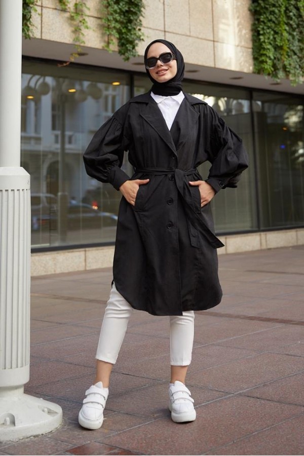  Balon Kol Tesettür Trenç Siyah 61510