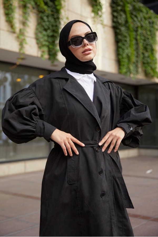  Balon Kol Tesettür Trenç Siyah 61510