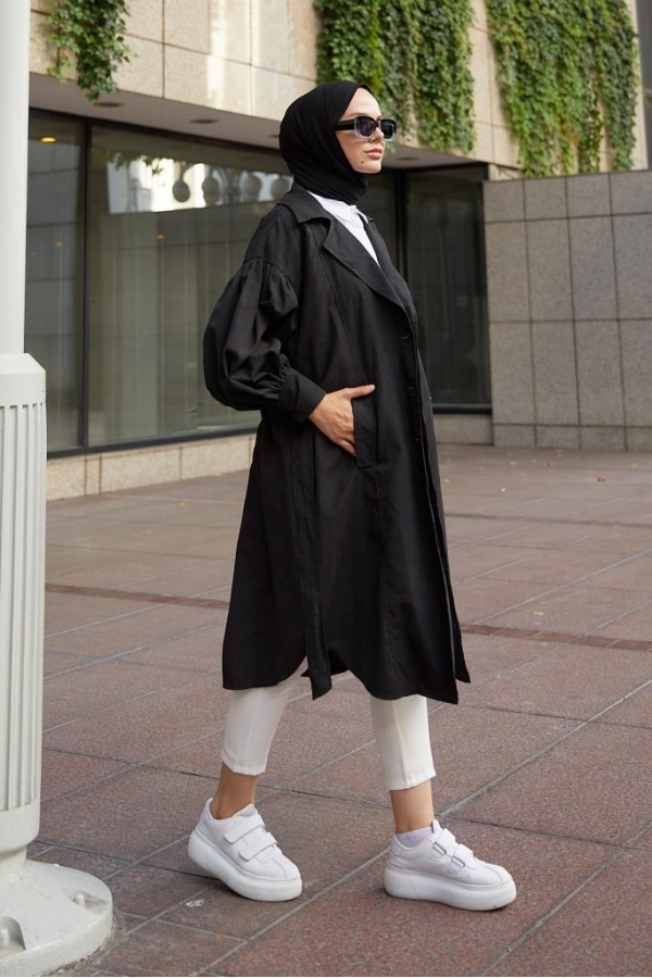  Balon Kol Tesettür Trenç Siyah 61510