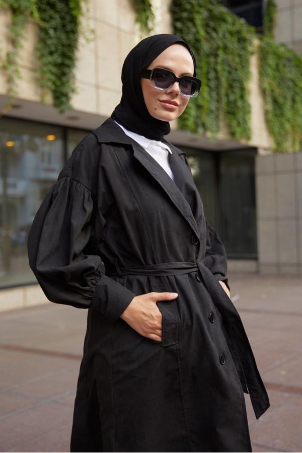  Balon Kol Tesettür Trenç Siyah 61510