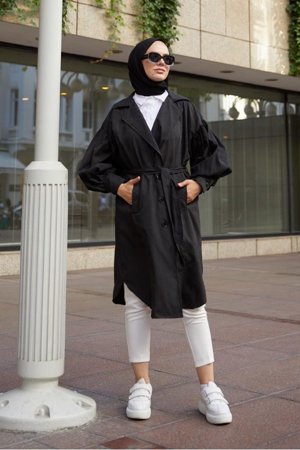  Balon Kol Tesettür Trenç Siyah 61510